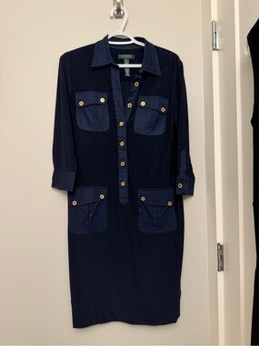 Ralph Lauren Navy Midi Shirt Dress with Gold Buttons